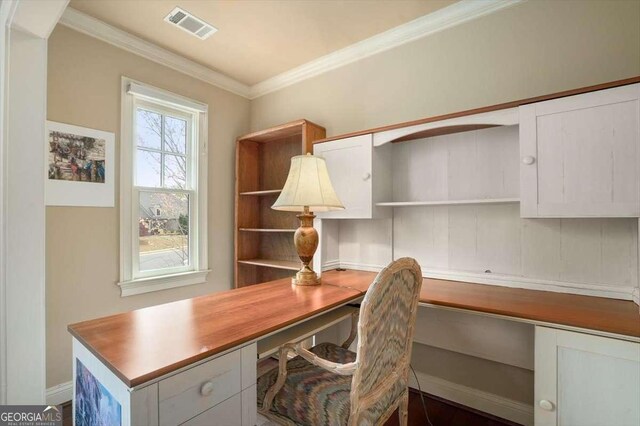 1786 Cambridge Sq, Watkinsville, GA 30677 - office area featuring baseboards, visible vents, built in desk, and ornamental molding