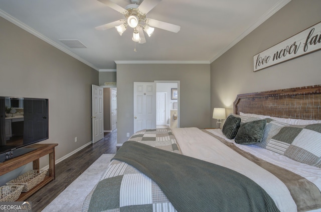 bedroom featuring crown molding, wood finished floors, ceiling fan, and baseboards