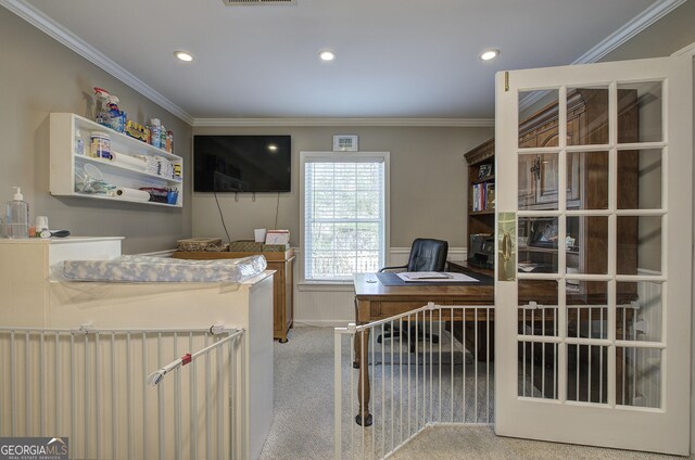 carpeted office with crown molding, visible vents, recessed lighting, and wainscoting