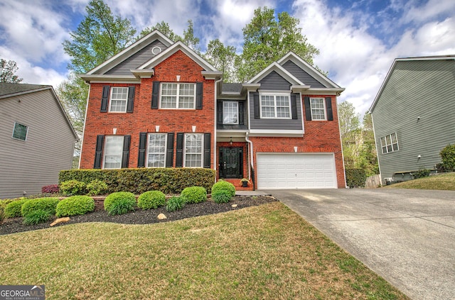 view of front of home with brick siding, a front yard, an attached garage, and concrete driveway