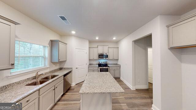 kitchen featuring visible vents, a sink, appliances with stainless steel finishes, wood finished floors, and a kitchen island