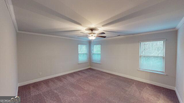 unfurnished room with a ceiling fan, ornamental molding, and carpet floors