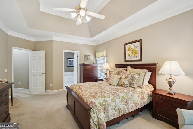 2545 Amberbrook Ln, Grayson, GA 30017 - bedroom featuring ensuite bathroom, light colored carpet, crown molding, and a raised ceiling