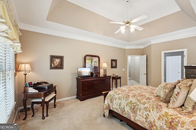 2545 Amberbrook Ln, Grayson, GA 30017 - bedroom featuring a tray ceiling, light colored carpet, ceiling fan, and ornamental molding