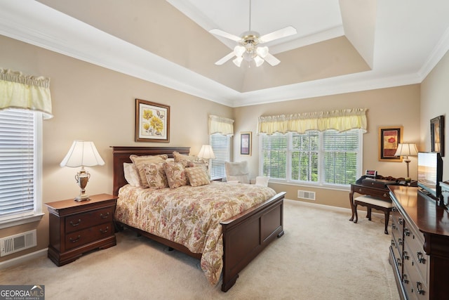 2545 Amberbrook Ln, Grayson, GA 30017 - bedroom featuring light carpet, visible vents, a tray ceiling, and baseboards