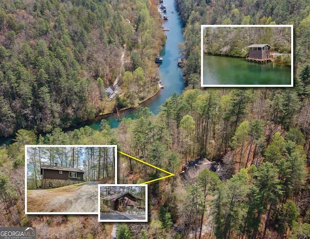 birds eye view of property with a water view and a wooded view