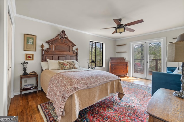 bedroom featuring access to outside, ornamental molding, a ceiling fan, and wood finished floors