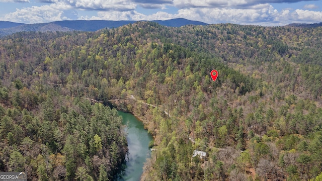 birds eye view of property featuring a wooded view and a water and mountain view