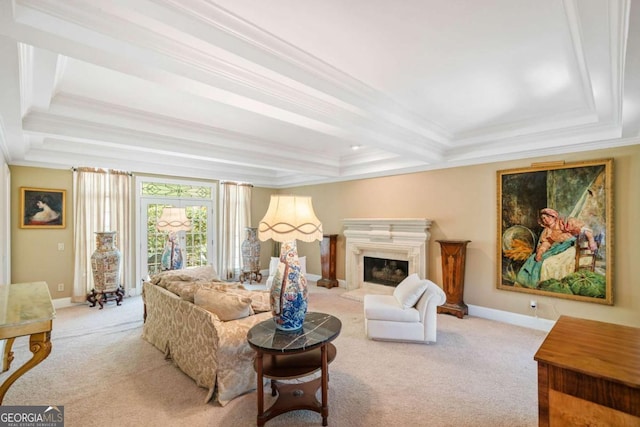 living area with carpet, ornamental molding, and a raised ceiling