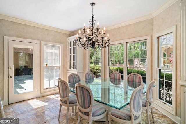 dining room with stone finish flooring, an inviting chandelier, and crown molding
