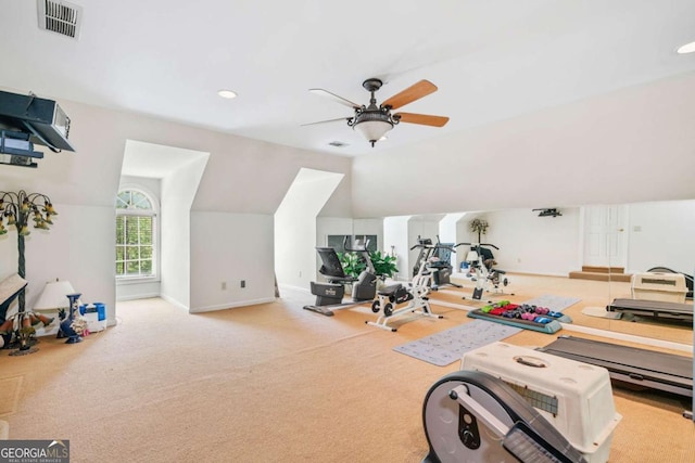 workout area featuring ceiling fan, baseboards, visible vents, and carpet floors
