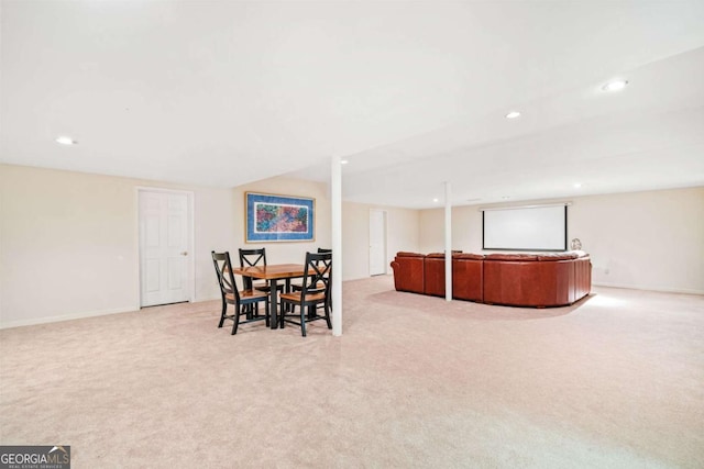 dining room featuring baseboards, recessed lighting, and carpet