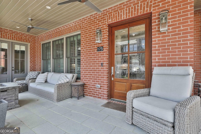 view of patio with french doors, a ceiling fan, and an outdoor hangout area