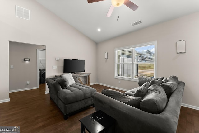 living area with dark wood-style floors, visible vents, baseboards, and ceiling fan