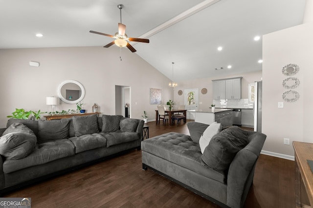 living room with high vaulted ceiling, dark wood-type flooring, a ceiling fan, recessed lighting, and baseboards