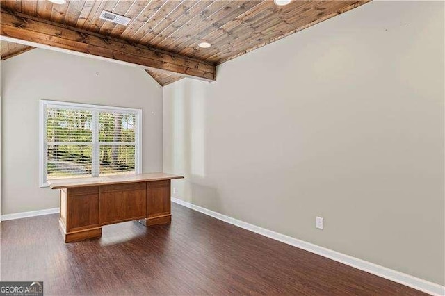 6655 Grove Meadows Ln, Cumming, GA 30028 - unfurnished office featuring visible vents, baseboards, wooden ceiling, dark wood-style flooring, and vaulted ceiling with beams