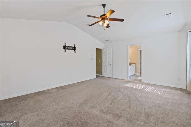 6655 Grove Meadows Ln, Cumming, GA 30028 - carpeted empty room with ceiling fan, baseboards, vaulted ceiling, and visible vents