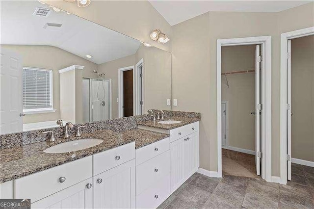 6655 Grove Meadows Ln, Cumming, GA 30028 - full bath featuring a spacious closet, visible vents, a sink, and lofted ceiling