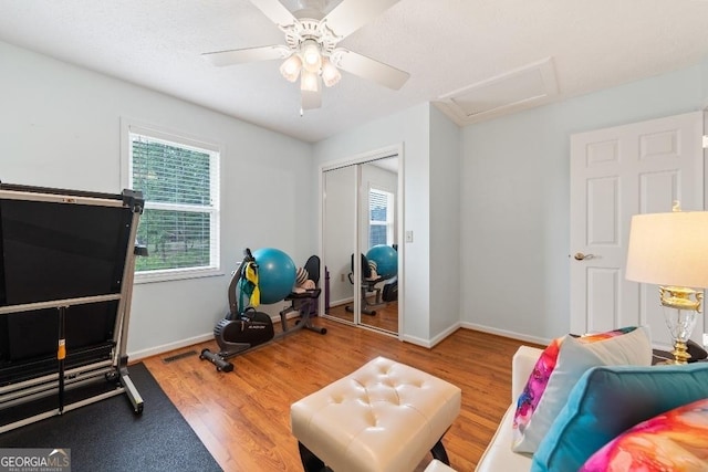 workout area featuring baseboards, attic access, wood finished floors, and a healthy amount of sunlight