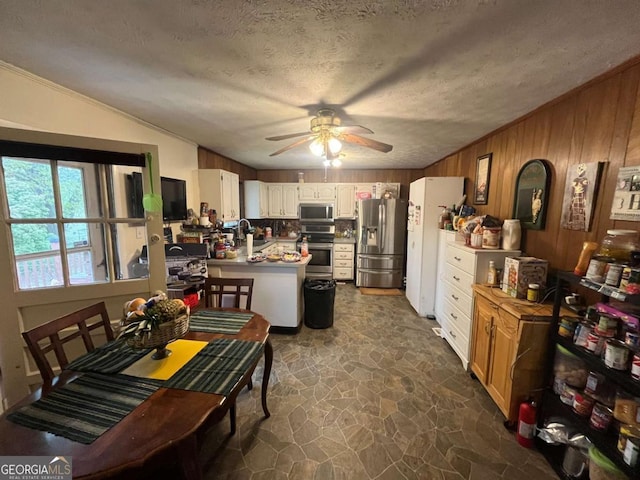 kitchen with a peninsula, a ceiling fan, vaulted ceiling, stone flooring, and stainless steel appliances