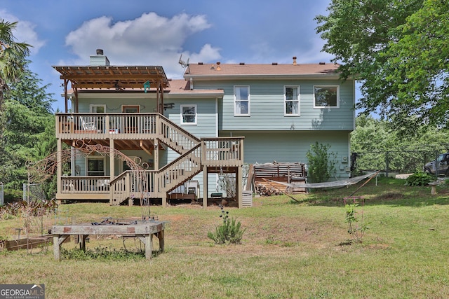 2675 Dacula Ridge Dr, Dacula, GA 30019 - back of property featuring a deck, stairway, a chimney, and a pergola