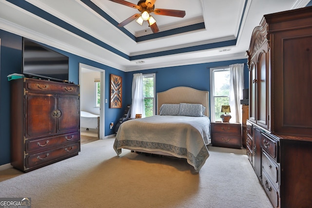 2675 Dacula Ridge Dr, Dacula, GA 30019 - bedroom featuring multiple windows, light colored carpet, crown molding, and a raised ceiling