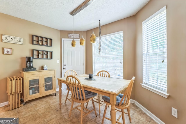 dining area with radiator heating unit, plenty of natural light, baseboards, and a textured ceiling