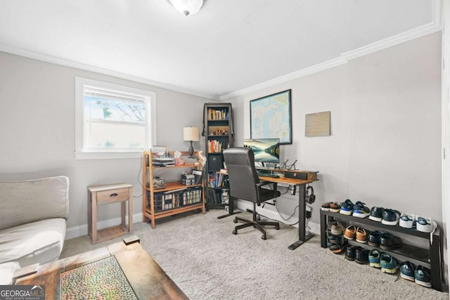 office space with crown molding and baseboards