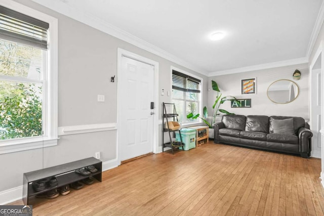 living area featuring wood-type flooring, baseboards, and crown molding