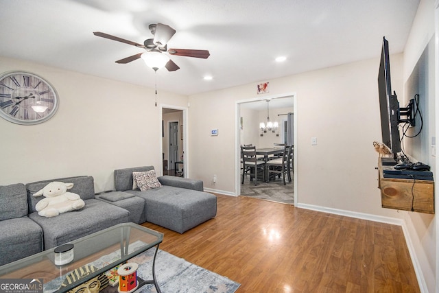 286 Opal St, Luthersville, GA 30251 - living area featuring baseboards, ceiling fan with notable chandelier, recessed lighting, and wood finished floors