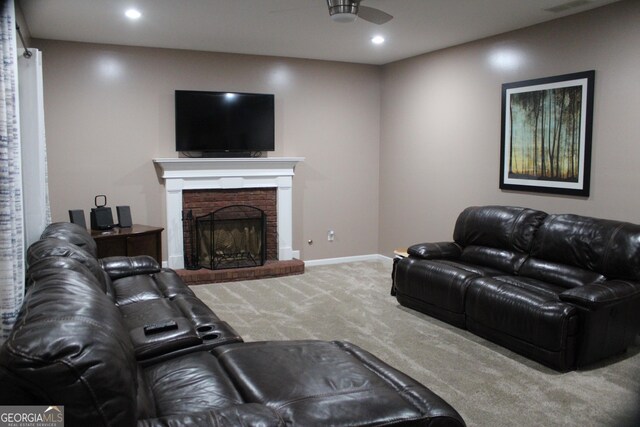 living area with recessed lighting, a fireplace, carpet flooring, baseboards, and a ceiling fan