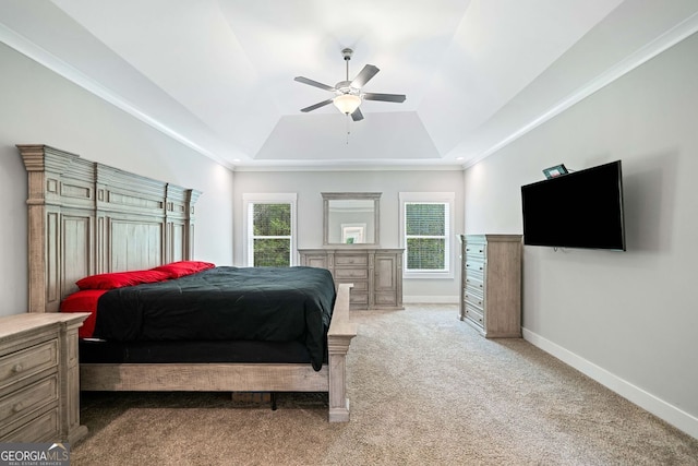 bedroom with baseboards, multiple windows, a tray ceiling, and light colored carpet