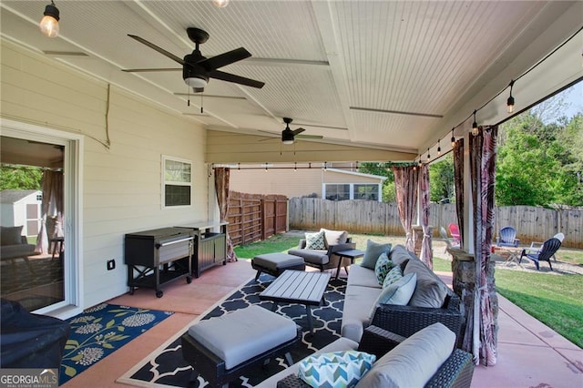 209 Crestmont Way, Canton, GA 30114 - view of patio / terrace with an outdoor hangout area, a fenced backyard, and a ceiling fan