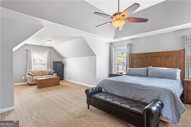 209 Crestmont Way, Canton, GA 30114 - carpeted bedroom with multiple windows, baseboards, vaulted ceiling, and a ceiling fan