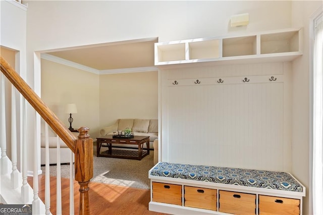 209 Crestmont Way, Canton, GA 30114 - mudroom with wood finished floors and ornamental molding