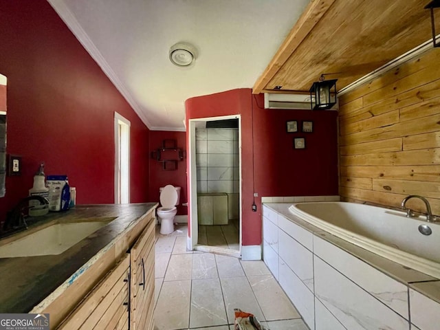 1546 Bob Mann Rd, Maysville, GA 30558 - full bathroom with a stall shower, wooden walls, crown molding, toilet, and a bath