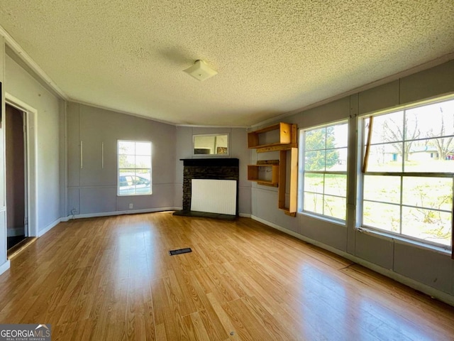 1546 Bob Mann Rd, Maysville, GA 30558 - unfurnished living room featuring a textured ceiling, radiator heating unit, a fireplace with raised hearth, wood finished floors, and baseboards
