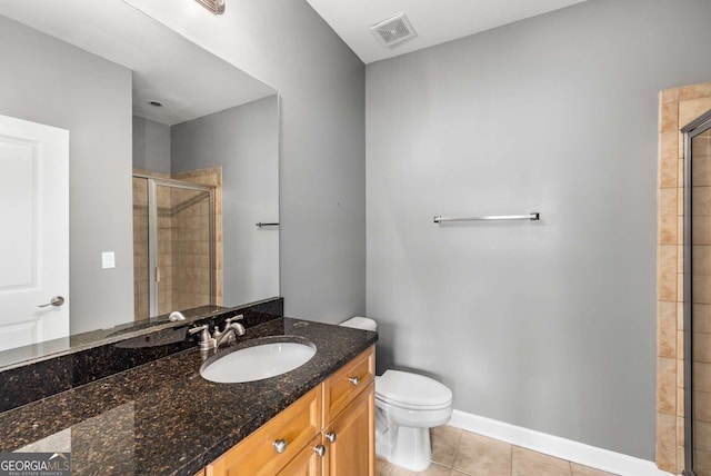 full bathroom with a shower stall, vanity, tile patterned flooring, visible vents, and toilet