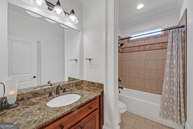 866 Coopers Ridge Path SW, Grayson, GA 30017 - bathroom with tile patterned floors, vanity, shower / bathtub combination with curtain, toilet, and crown molding