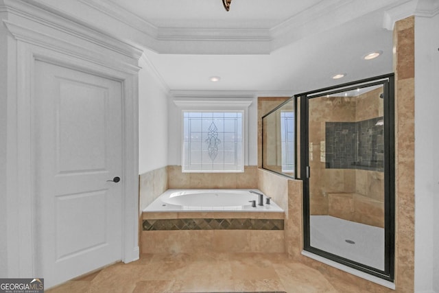 866 Coopers Ridge Path SW, Grayson, GA 30017 - bathroom featuring a garden tub, a stall shower, crown molding, and recessed lighting
