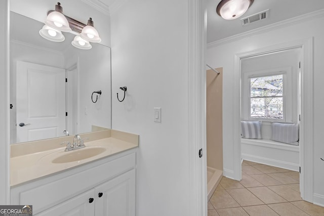 866 Coopers Ridge Path SW, Grayson, GA 30017 - bathroom with vanity, a shower, tile patterned flooring, crown molding, and baseboards