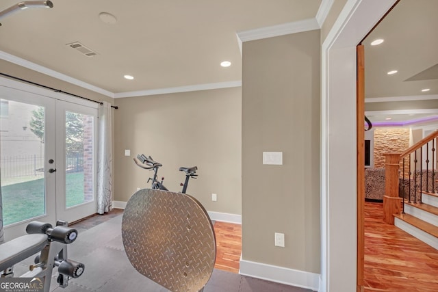 866 Coopers Ridge Path SW, Grayson, GA 30017 - exercise area with french doors, wood finished floors, crown molding, baseboards, and recessed lighting