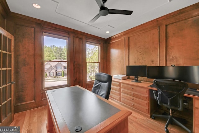 866 Coopers Ridge Path SW, Grayson, GA 30017 - office area with light wood-type flooring, ceiling fan, and recessed lighting