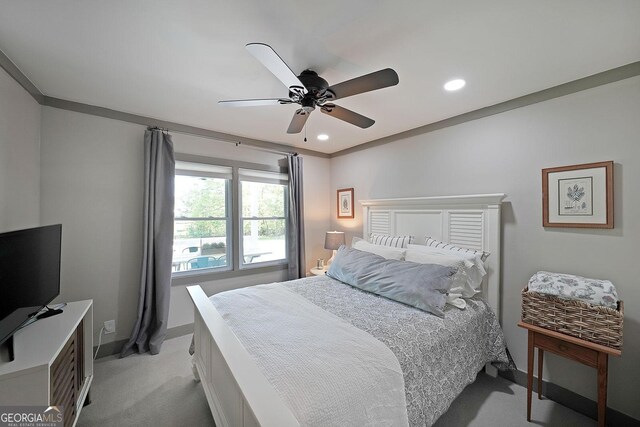 16080 Freemanville Rd, Alpharetta, GA 30004 - bedroom with light carpet, baseboards, recessed lighting, and a ceiling fan