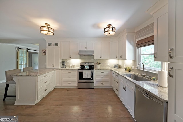 16080 Freemanville Rd, Alpharetta, GA 30004 - kitchen with stainless steel appliances, a sink, under cabinet range hood, a peninsula, and white cabinetry