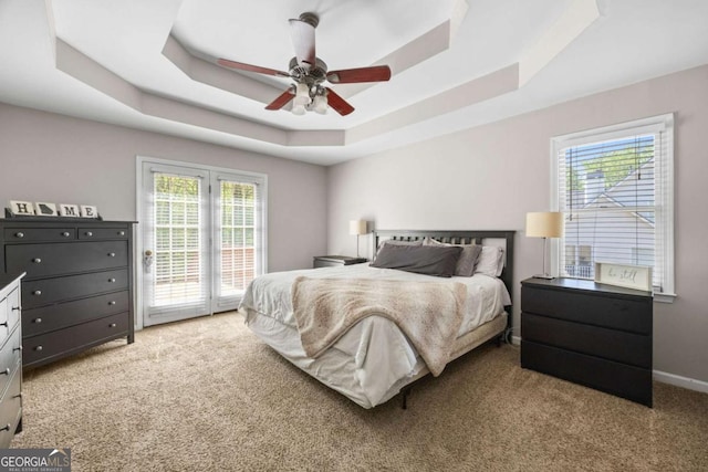 840 Whitby Dr, Douglasville, GA 30134 - bedroom featuring a tray ceiling, access to exterior, multiple windows, and light carpet