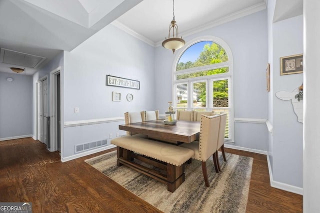 840 Whitby Dr, Douglasville, GA 30134 - dining space with crown molding, visible vents, wood finished floors, attic access, and baseboards