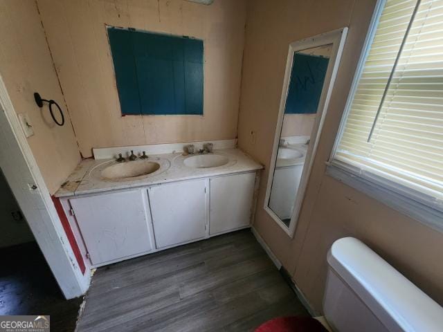 bathroom with a sink, toilet, double vanity, and wood finished floors