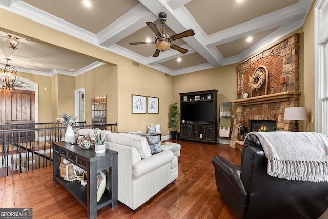 176 Stamp Mill Ln, Dahlonega, GA 30533 - living room featuring a stone fireplace, ceiling fan with notable chandelier, beam ceiling, and wood finished floors