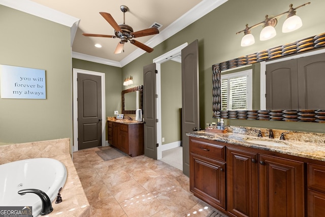 176 Stamp Mill Ln, Dahlonega, GA 30533 - bathroom with crown molding, two vanities, ceiling fan, visible vents, and a sink